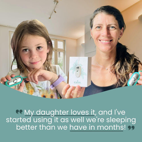 Mother and daughter holding CalmCarry devices by GlowCo with testimonial about improved sleep and anxiety relief